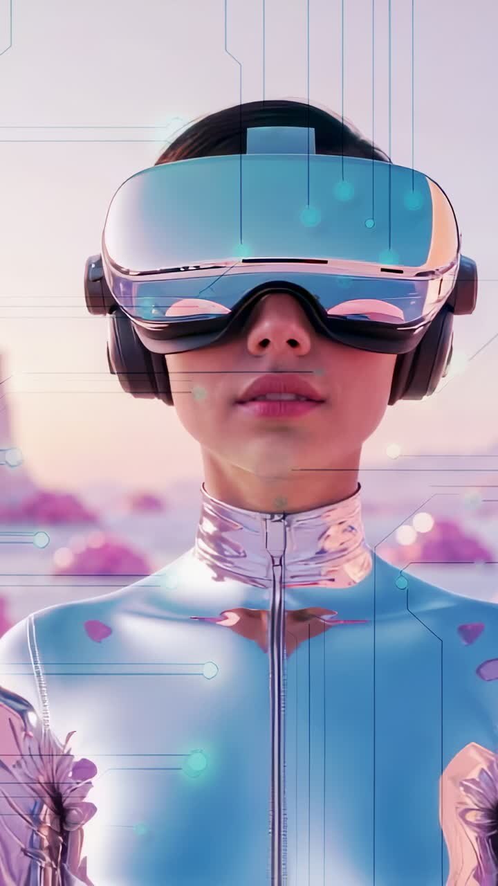 Vertical video: Adjusting VR headset strap woman in metallic suit securing fit at pastel sky