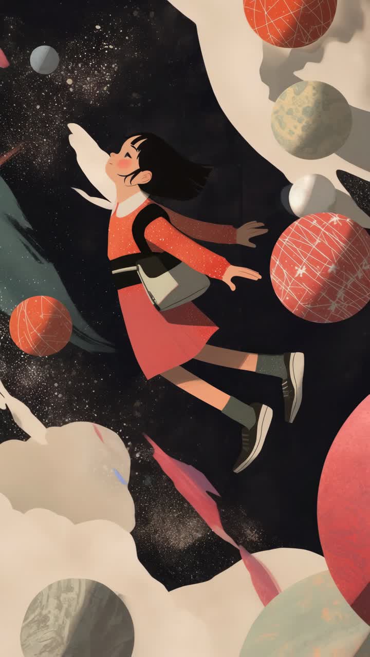 Illustration of a girl floating among planets, viewed from a low angle