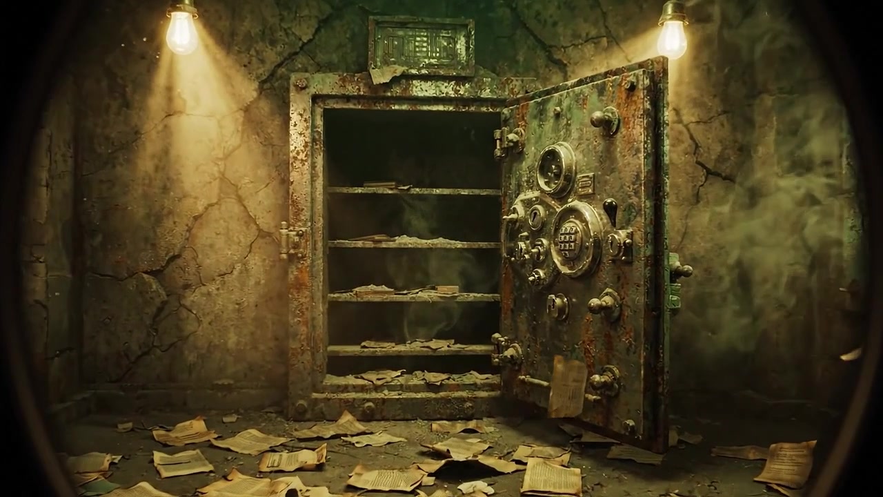 Mysterious Abandoned Vault with Dusty Shelves, Vintage Lighting, and Shattered Documents Reveals Hidden Secrets Waiting to be Discovered in an Eerie Environment