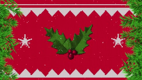 Animation-Von-Schnee,-Der-über-Weihnachtsdekoration-Mit-Stechpalme-Fällt