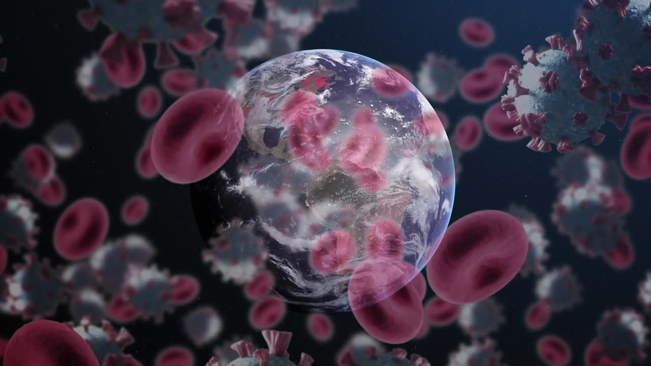 여러 개의 코로나19 세포와 혈관이 파란색 배경의 회전하는 지구에 대해 떠다니고 있습니다.