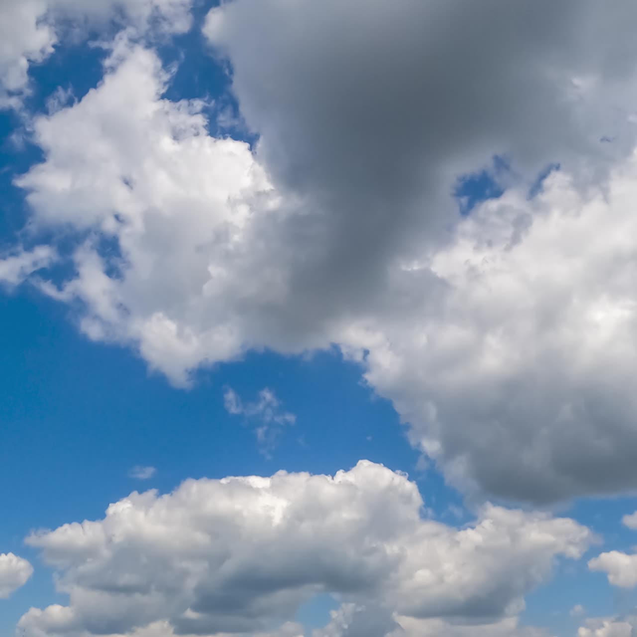 Light cotton clouds transforming in the beautiful blue sky. Quickly moving cloud mass on sunny day. Timelapse