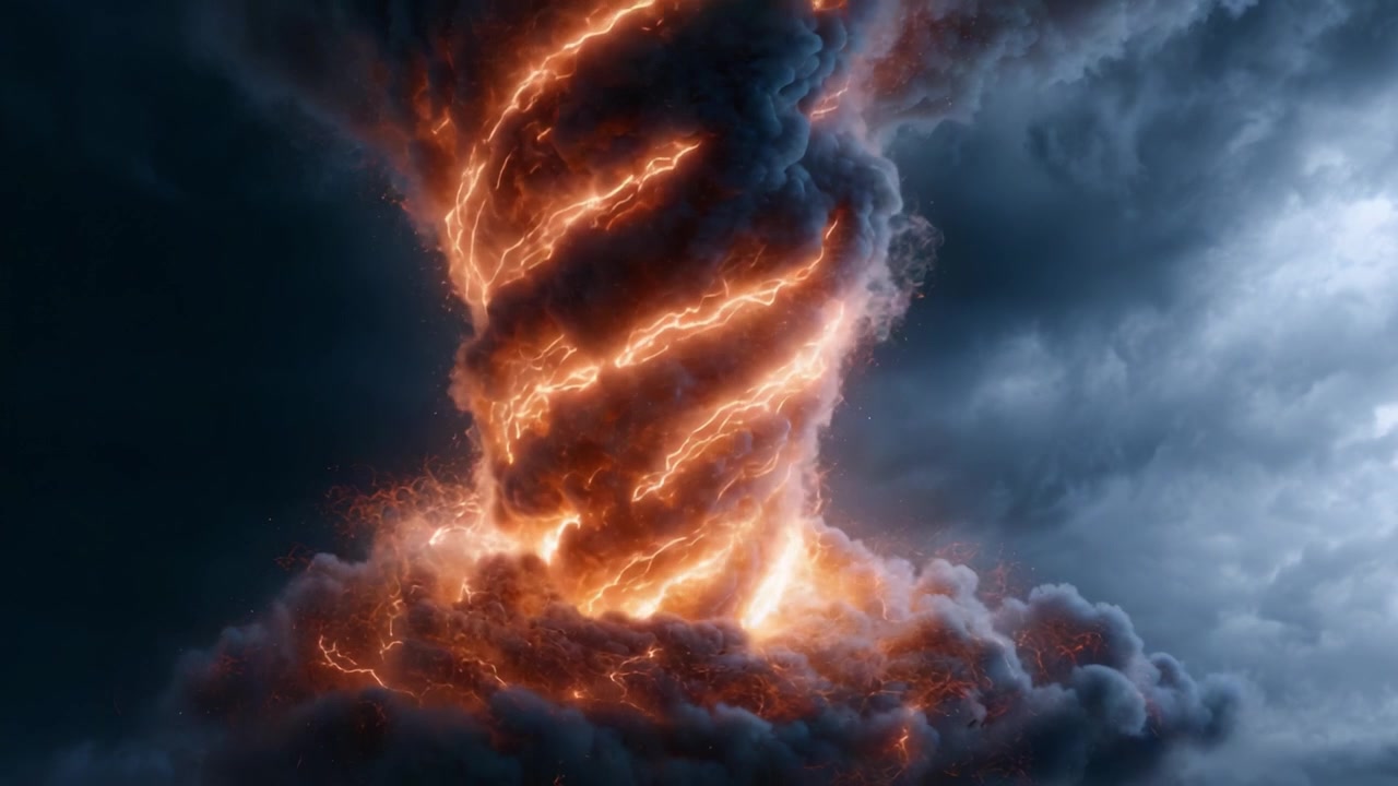 Un potente tornado elettro-vulcanico emerge da nuvole scure e tempestose, illuminato da fulmini infuocati e circondato da cenere e fumo in eruzione.