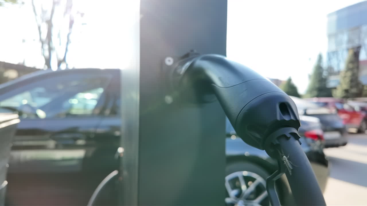 Electric car charger close-up with a small insect on it, black car on the background