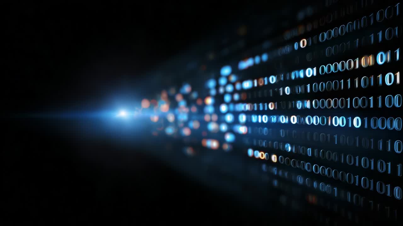 A mesmerizing visualization of digital data flow, showcasing a dynamic stream of binary code represented by shimmering blue and white lights against a dark background, illustrating the essence of information technology