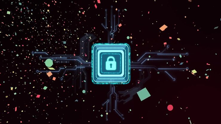 Cyan-blue locked chip pulsing emitting pastel shapes filling circuit traces and showing security
