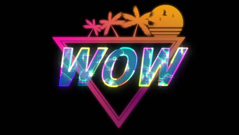 Animation of wow in digital abstract space with sun and palms