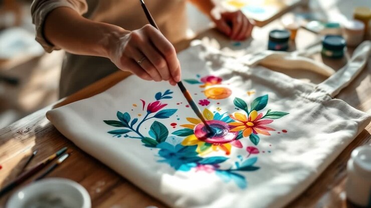 Donna che usa un pennello per creare un vivace disegno floreale su una borsa di tela, circondata da materiali artistici e da uno spazio di lavoro caldo e invitante, pieno di luce naturale ed energia creativa.