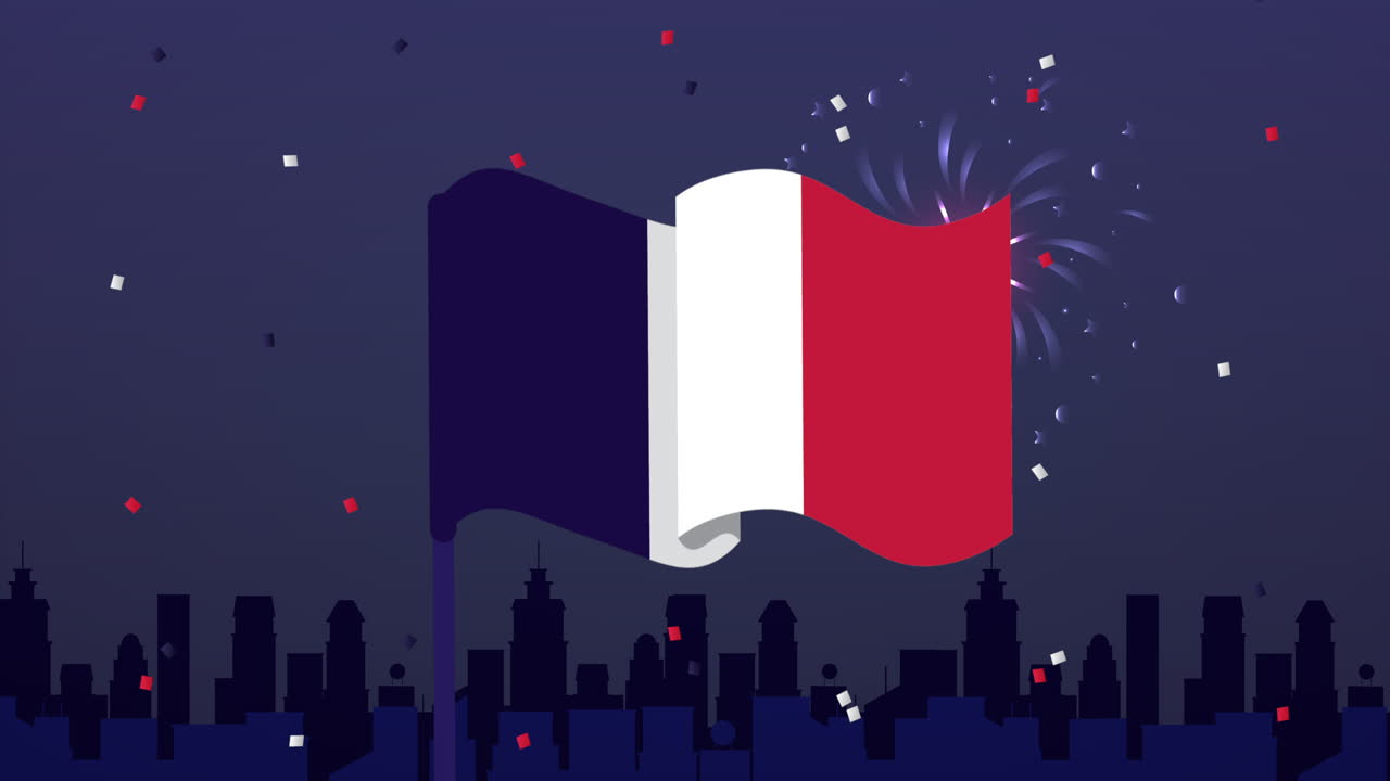 felice festa della bastilla con bandiera francese e fuochi d'artificio