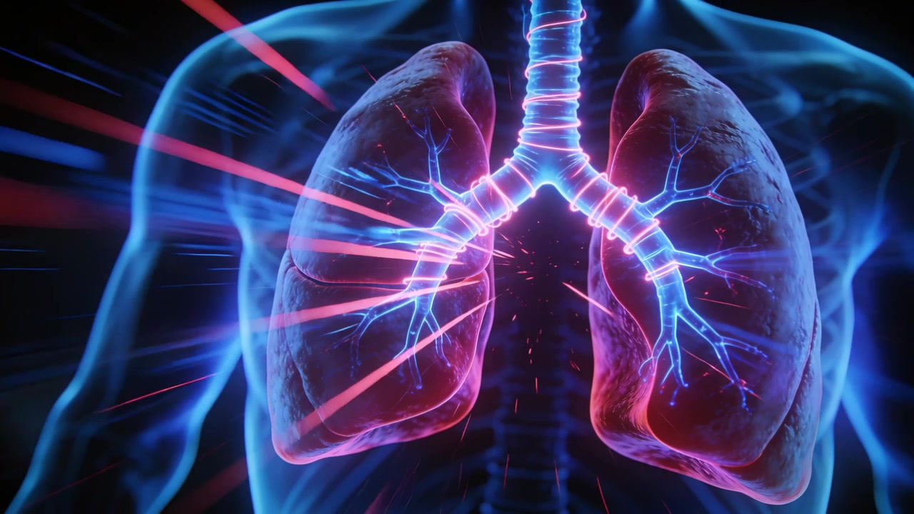 Strisce al neon che entrano e attivano i bronchi che pulsano in una vista 3D del torace, evidenziando polmoni e trachea.