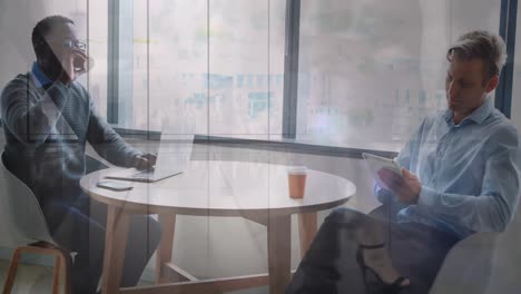 animation of fast walking pedestrians over business people in meeting