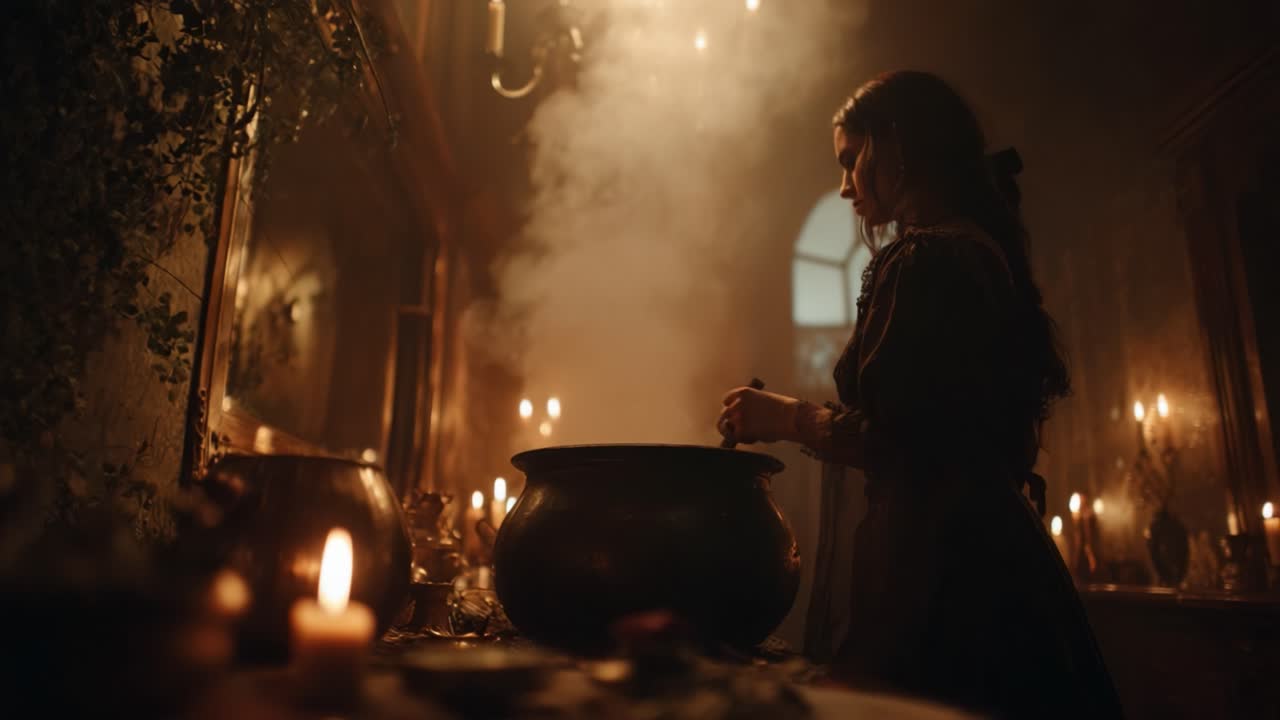 A Mysterious Sorceress Engages in Enchantment while Brewing Potions in a Dimly Lit, Atmospheric Chamber Filled with Candles and Shadows