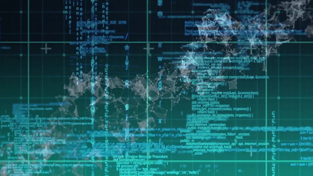 Animation of dna structure of network of connections and data processing on green background