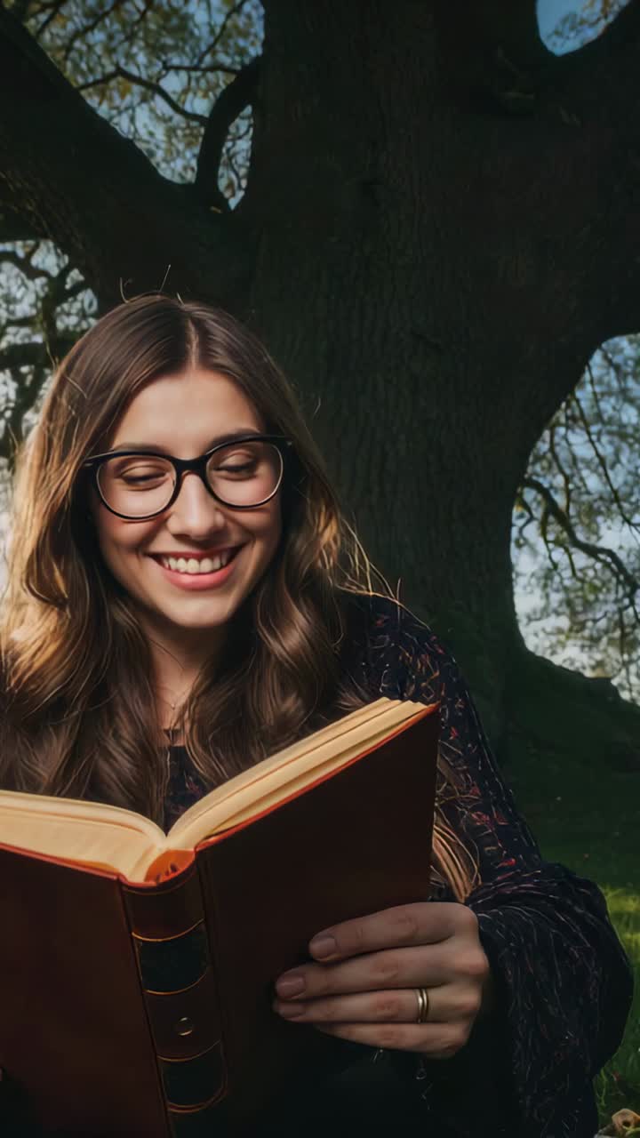 Vertical video: Opening book, woman wearing black glasses reading to relax by tree trunk, smiling