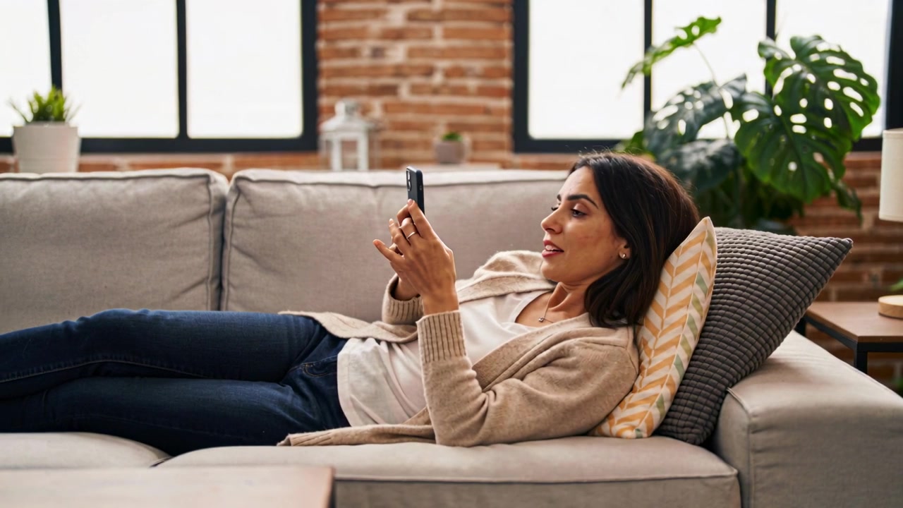 Donna sdraiata che alza lo sguardo tornando a toccare il telefono sul divano del soggiorno, indossando cardigan e jeans.
