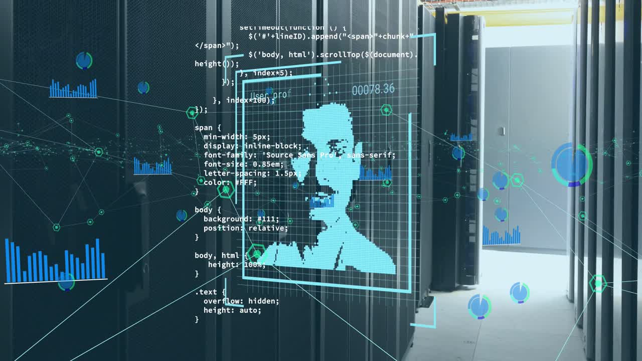 Animation of changing profile icons, network of connections and data processing against server room