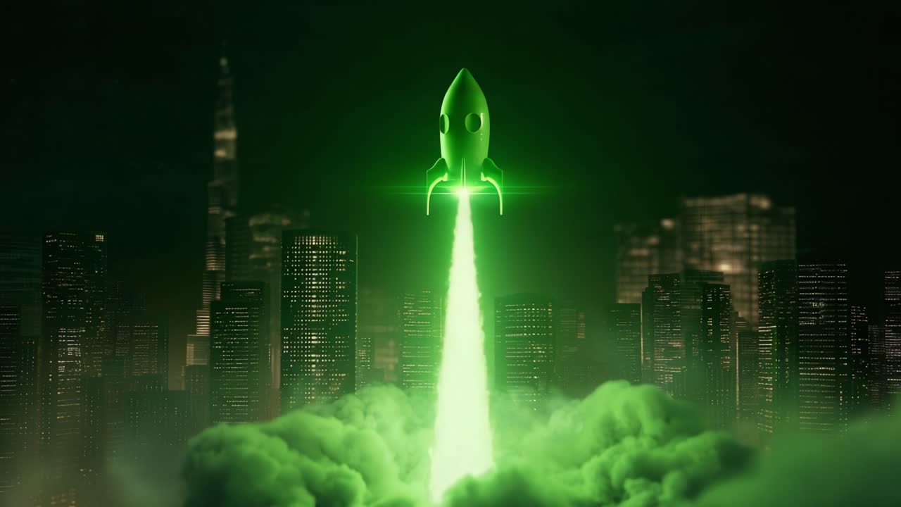 Shiny green cartoon rocket flying over a futuristic city skyline with bright engine flare and smoke, representing concepts of startup, business growth, innovation, and technological advancement