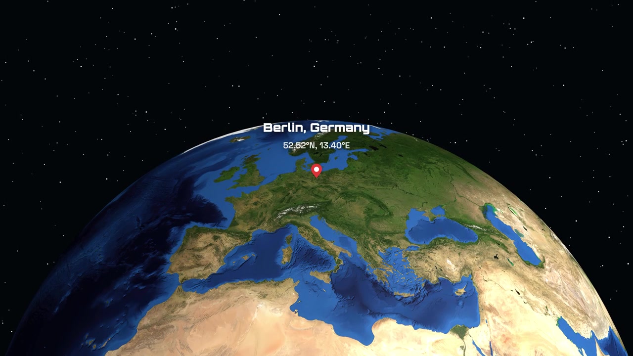 Animação digital faz zoom do espaço para a Europa, destacando Berlim com latitude e longitude específicas.