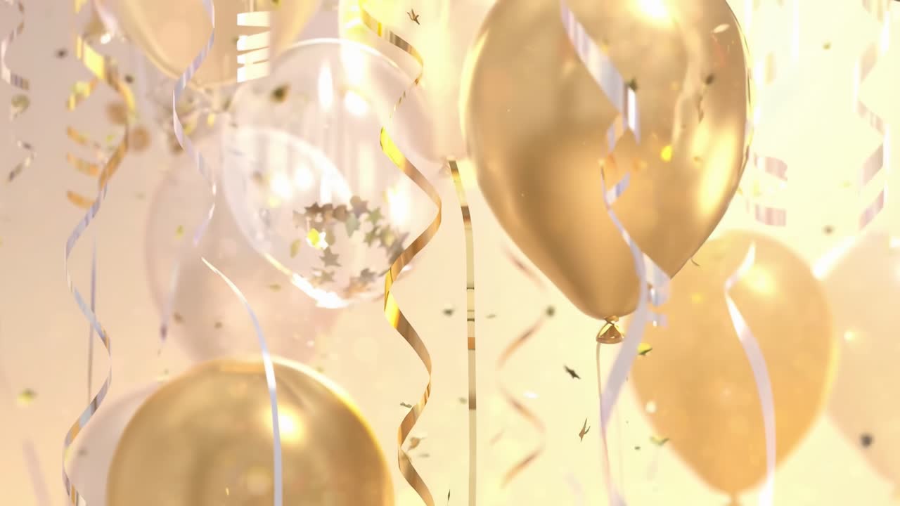 Scena video festiva con palloncini dorati e bianchi, nastri e coriandoli. Angolazione ravvicinata
