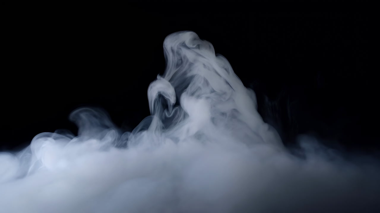 Thick White Smoke Rising Over Black Background, Slow Swirling Tendrils Form Ghostly Silhouettes, Lowlying Fog