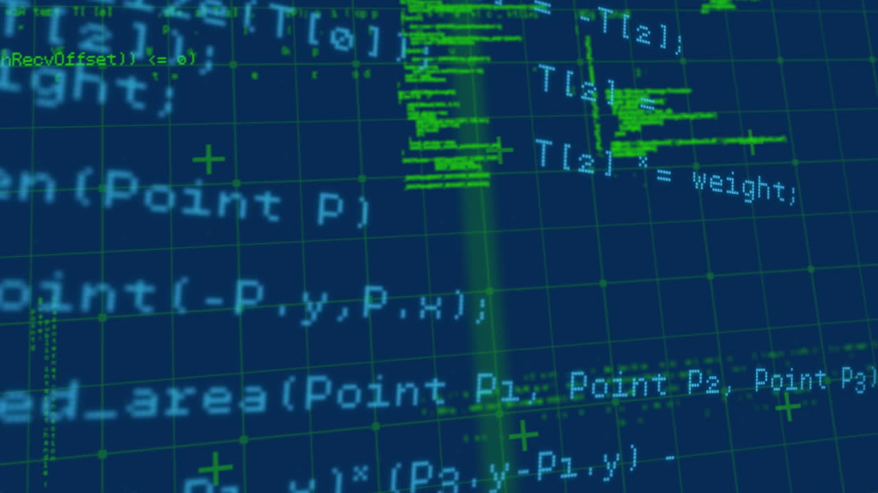 Animation of data processing over grid on blue background