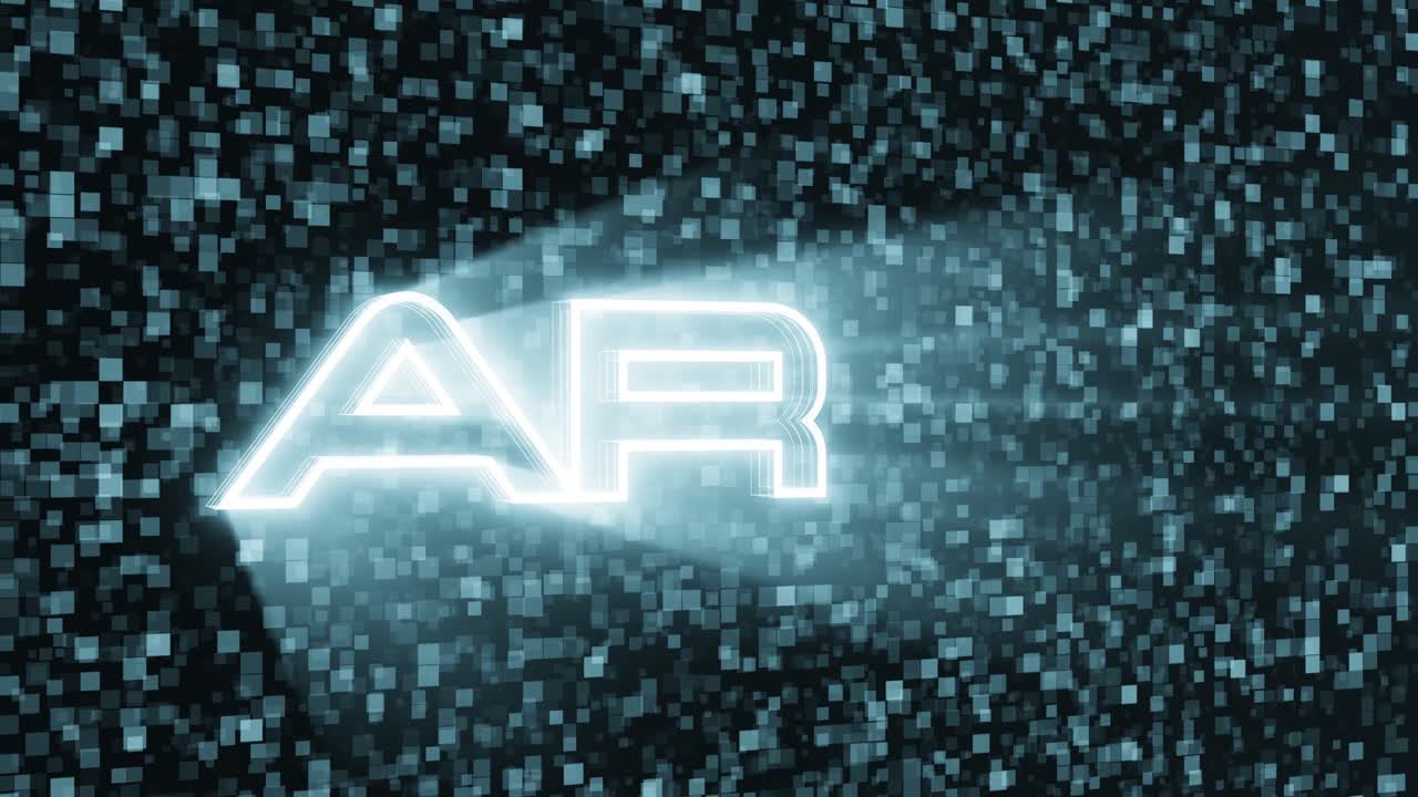 animación de ar, realidad aumentada, texto con fondo de animación de píxeles cuadrados y la cámara moviéndose de izquierda a centro