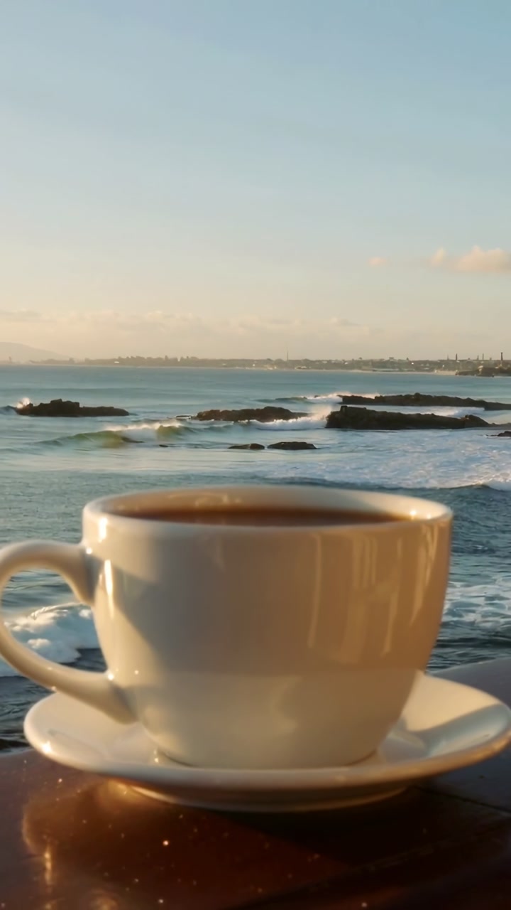 Camera pulling back revealing white cup on railing, waves cresting, sunlight reflecting for travel