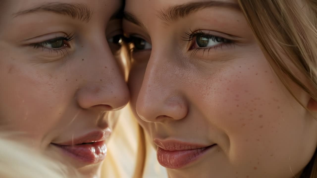 Leaning two women nuzzling at park, freckles and lashes catching backlight and breeze