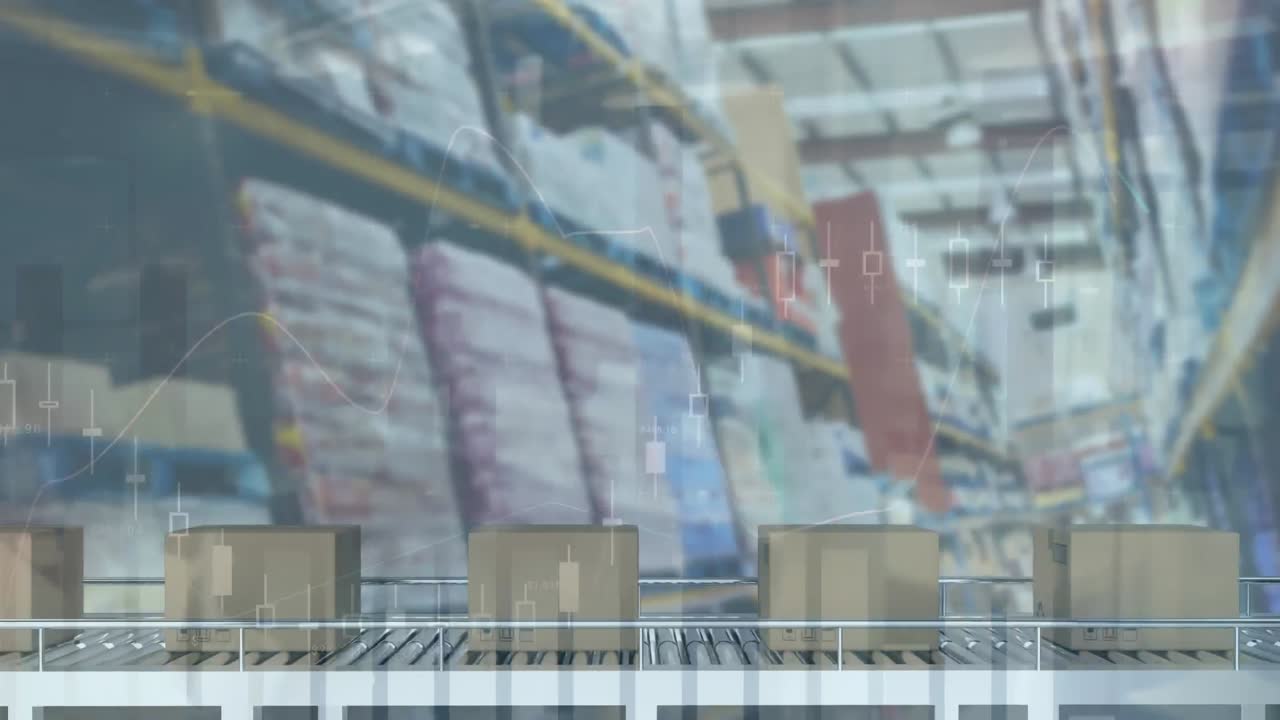 Animazione di elaborazione statistiche su scatole di cartone su nastro trasportatore