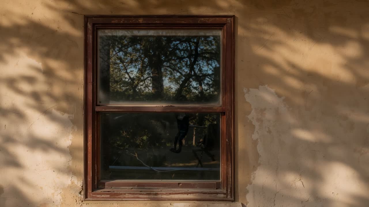 Sunlight shifting, small dark cat silhouette adjusting on branch outside wooden double-sash window