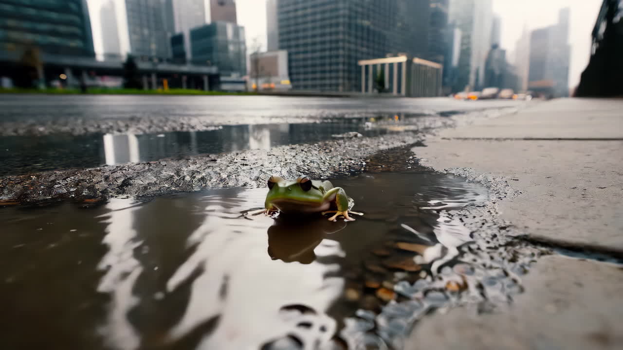 Frog in a Puddle on a City Street