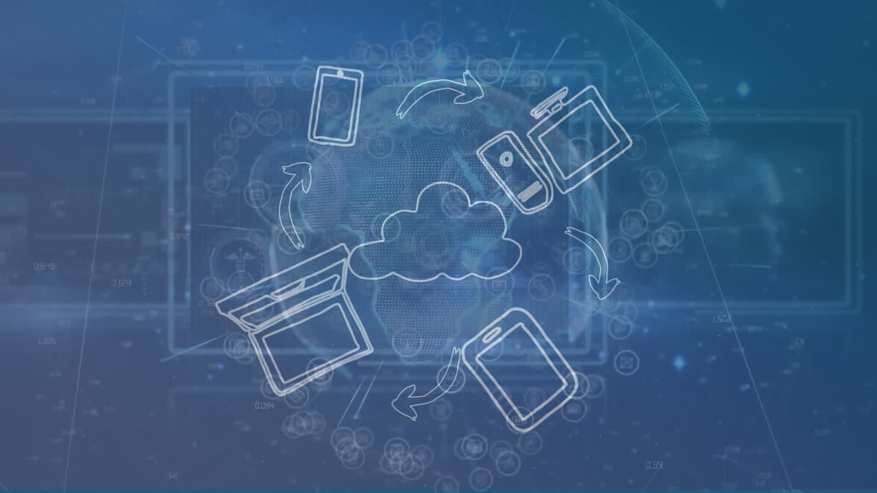 Animation of globe of connections with icons and cloud