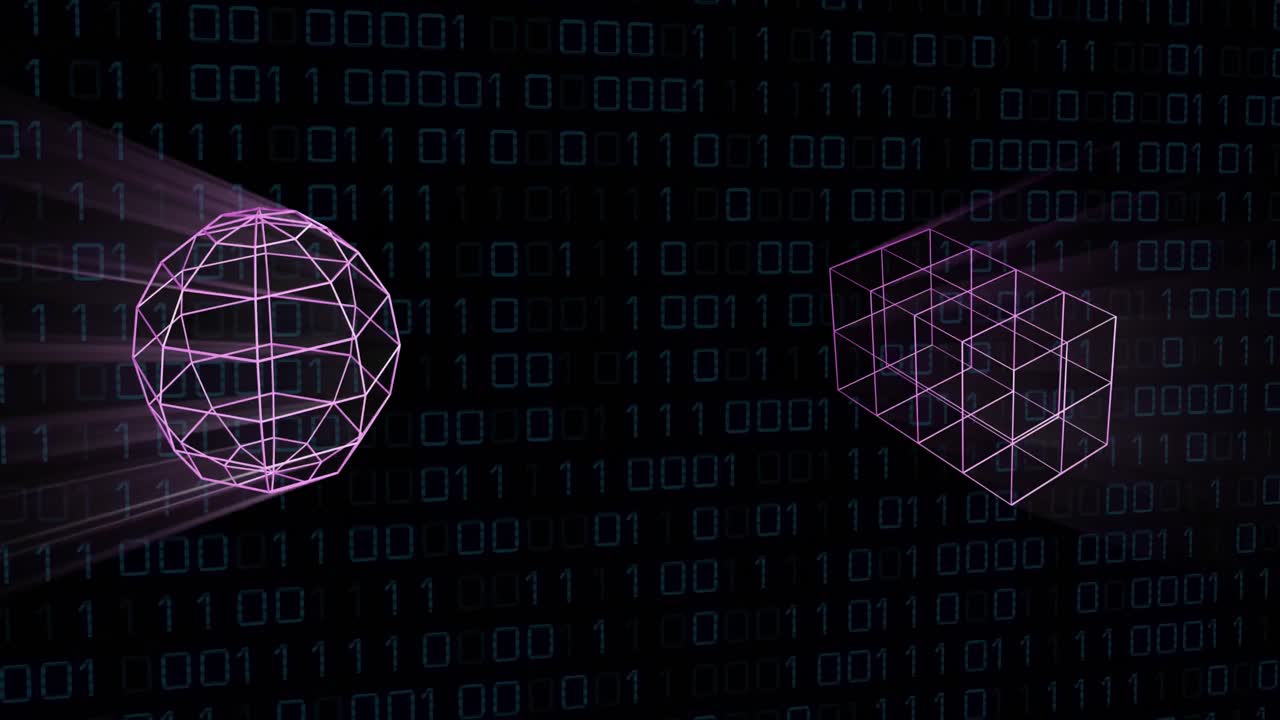 animación de formas rosadas 3d sobre codificación binaria en fondo negro