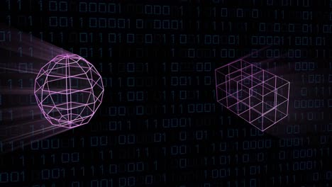 Animation of 3d pink shapes over binary coding on black background