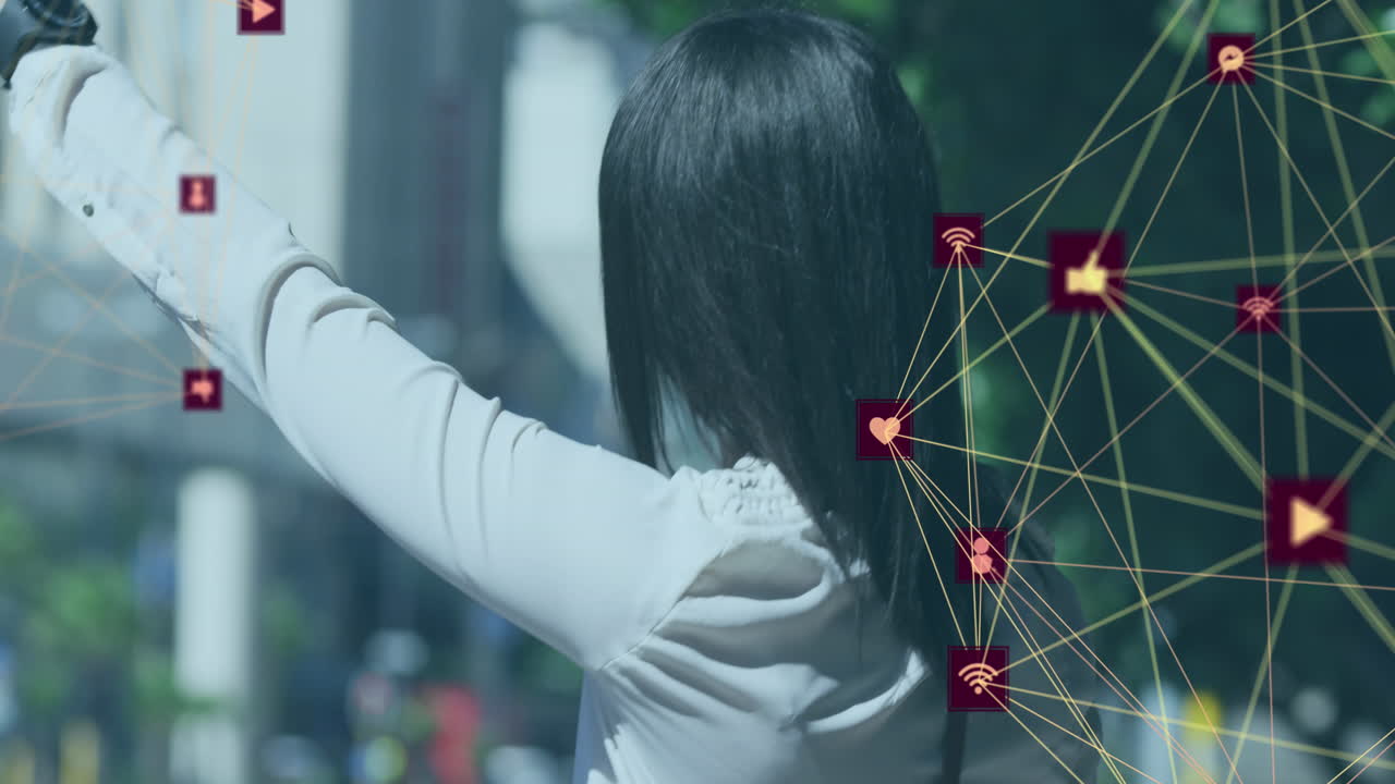 도시에서 택시를 멈추는 여성의 아이콘과 연결 네트워크의 애니메이션