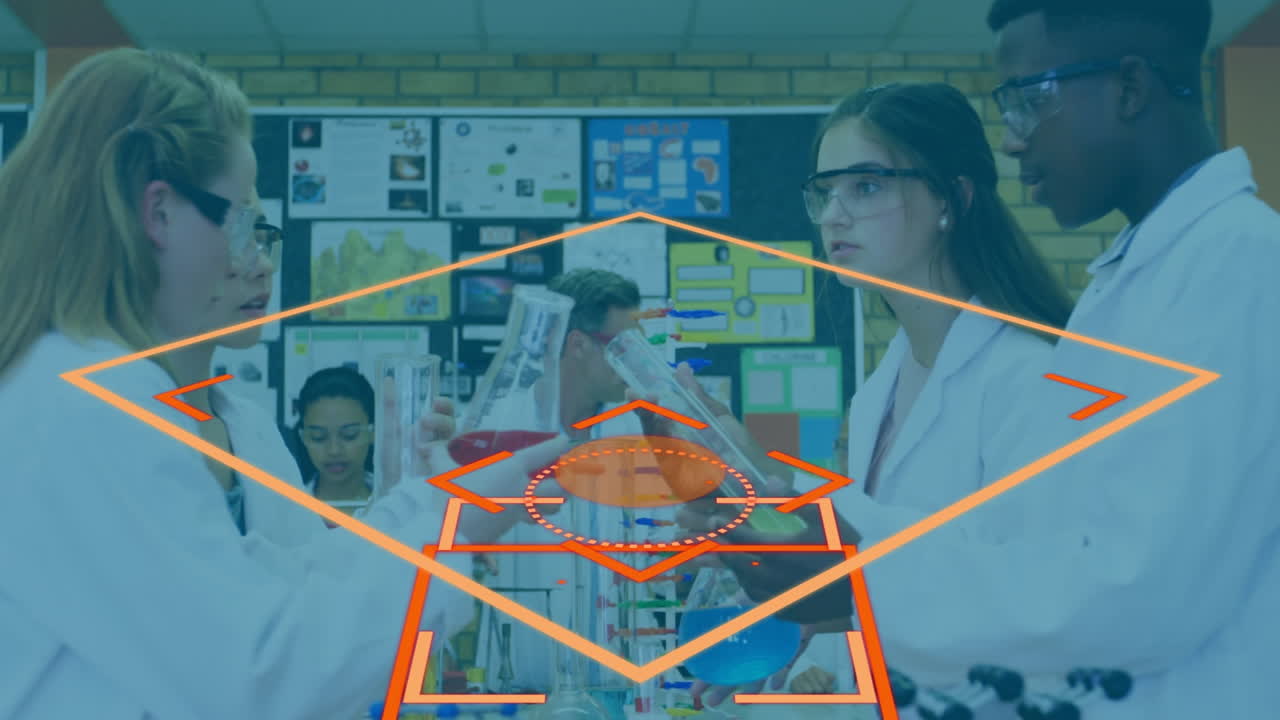 animación de formas en movimiento sobre diversos estudiantes con modelo