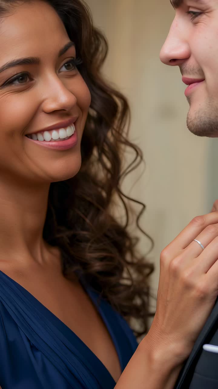 Vertical video: Smiling woman looking up in hall in blue dress, placing hand on man in suit, ring