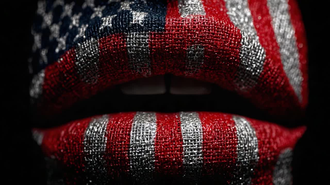 A striking portrayal of patriotic expression, showcasing lips adorned with a textured American flag design, emphasizing cultural identity and artistic creativity in a bold visual statement