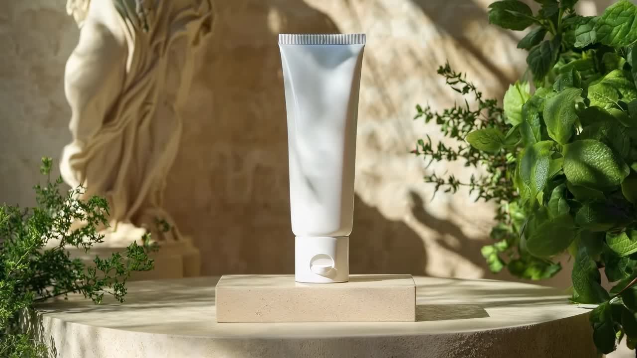 White tube of skincare cream on a pedestal surrounded by greenery
