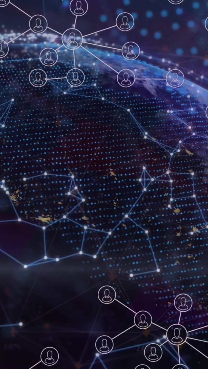 Animation of network of connections and profile icons floating against spinning globe