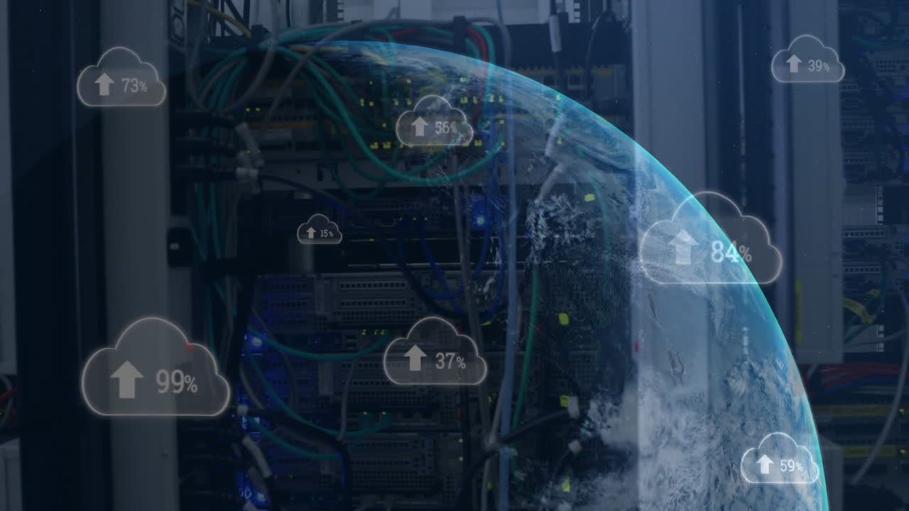 animación de flecha y números cambiantes en nubes y globo sobre sistema de servidor de datos