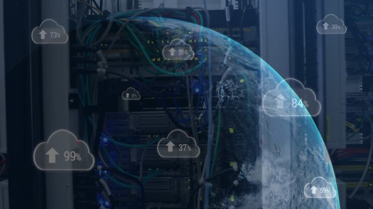 Animation of arrow and changing numbers in clouds and globe over data server system