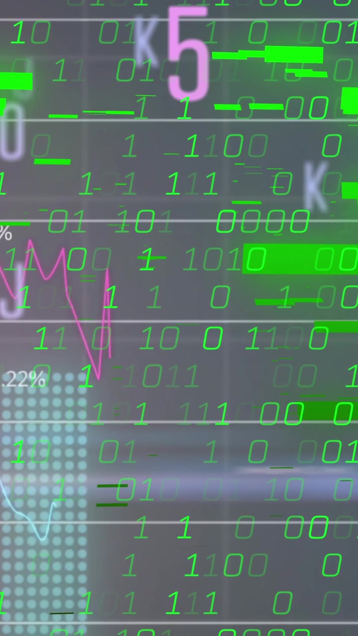Animazione di elaborazione di dati statistici, numeri e alfabeti in evoluzione su sfondo grigio