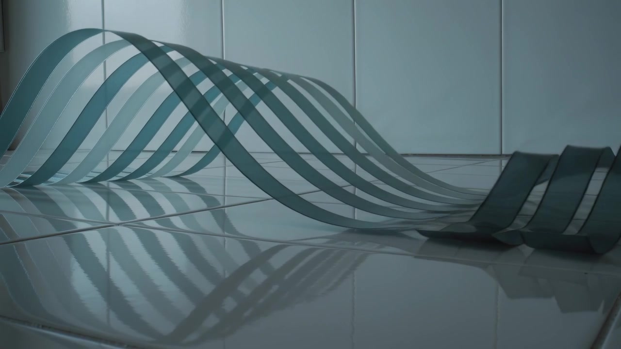 Starting left-side motion teal-blue strips rising into arches on tiled floor, with reflections