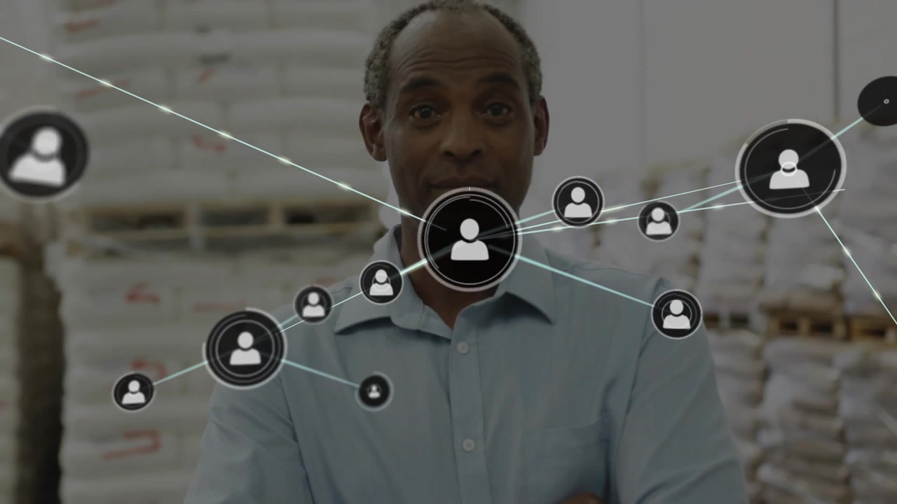 Chest node popping causing worker relaxing and smiling user icons growing over face showing logist
