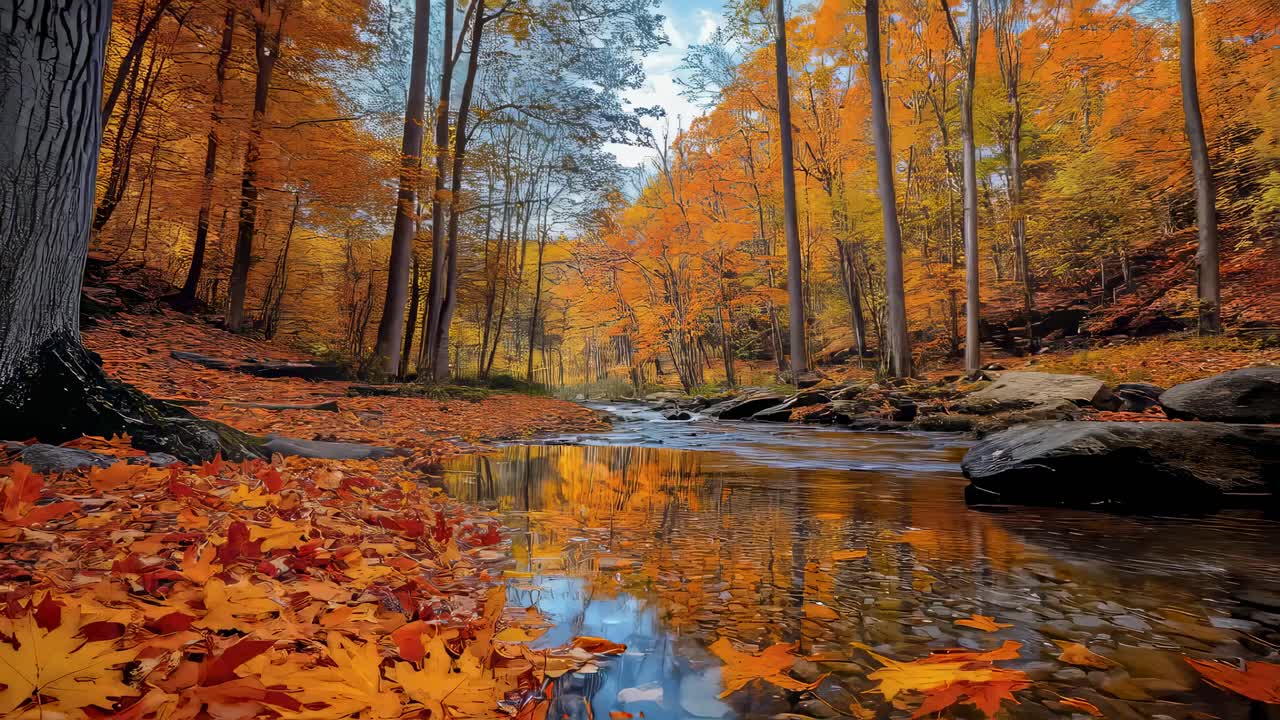 Autumn forest golden foliage reflecting on calm river surface ...