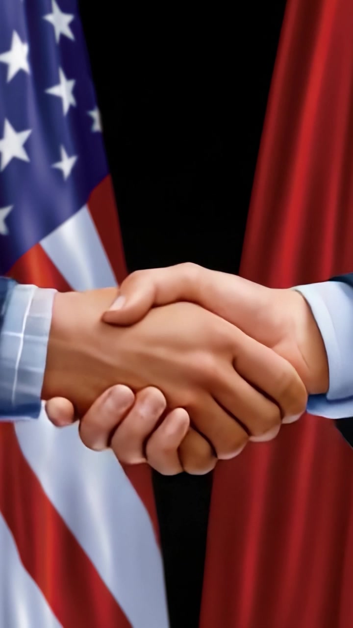 Um aperto de mão simbólico entre dois parceiros por trás de bandeiras nacionais, representando unidade, cooperação e relações internacionais em um contexto de confiança.