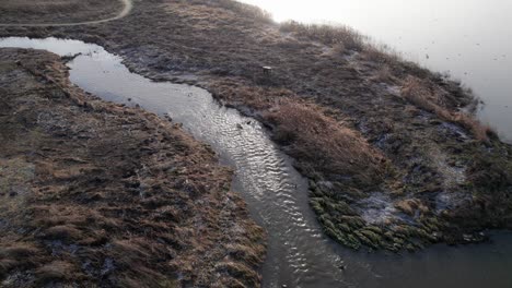 spinning top-down view of small creek running from a lake - truck shot