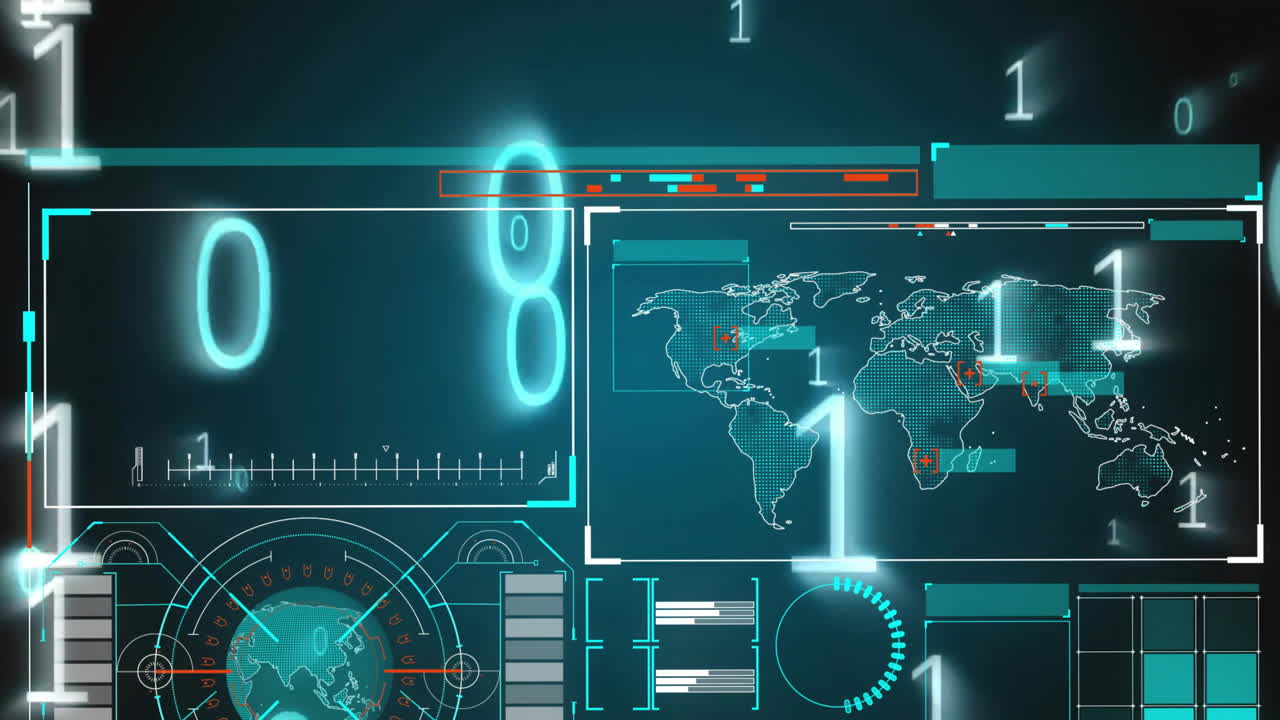 Animazione di codifica binaria ed elaborazione dati sullo schermo di un computer