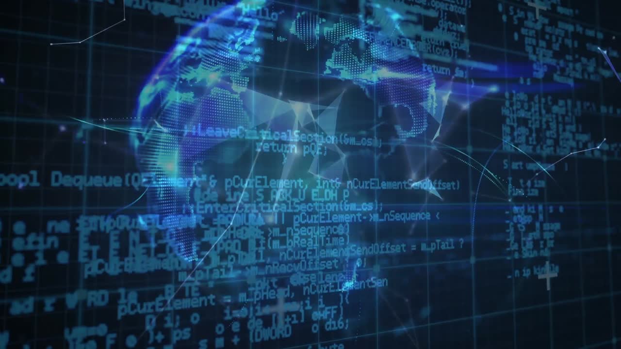 Animation of network of connections, globe and data processing in digital space